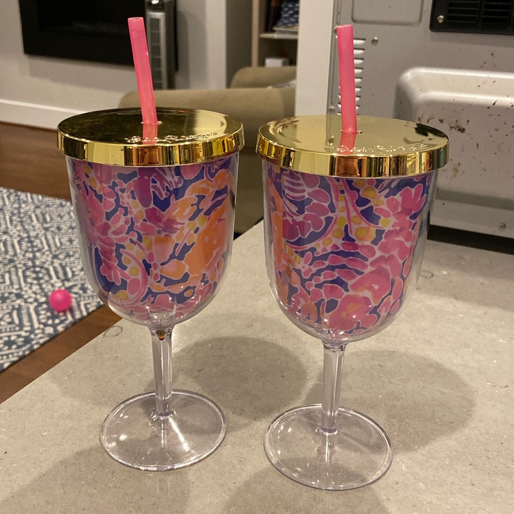 Lilly Pulitzer plastic wine glasses with straws